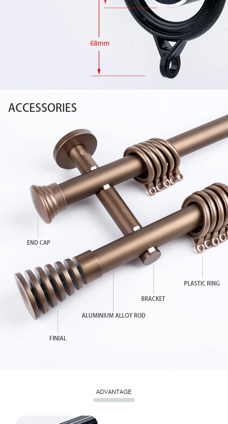 New Arrival Factory Price Wall Mounted Heavy Duty Alloy Bracket Finials Aluminium Double Curtain Rod Set for Bedroom