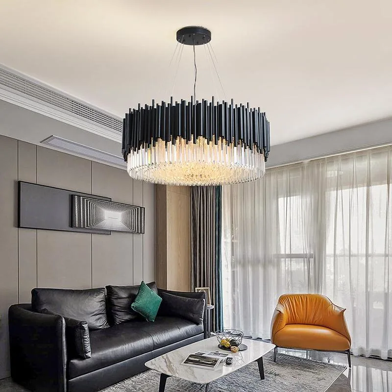 Modern Luxury LED Interior Design Round K9 Crystal Black Metal Living Room Decorative Chandelier Pendant Lamp